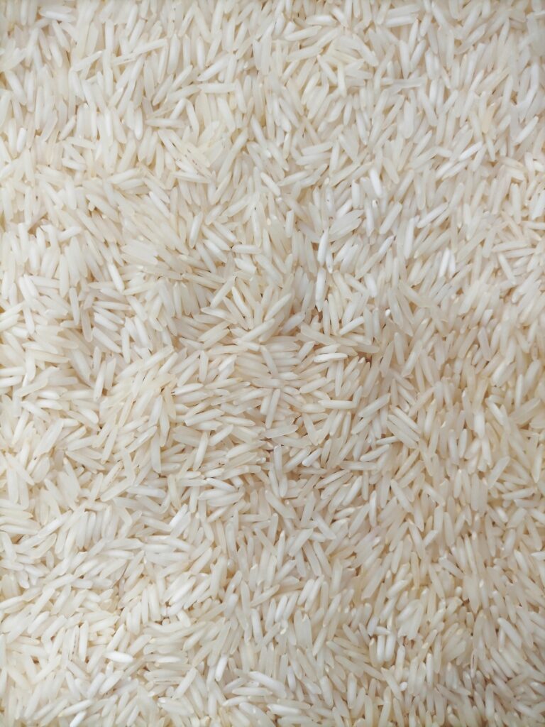Detailed close-up view of basmati rice grains displaying texture and uniformity.